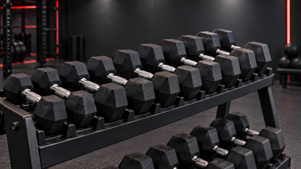 Kurzhanteln im Rack – Muskelaufbau beim Strength-Kurs von PEAK45
