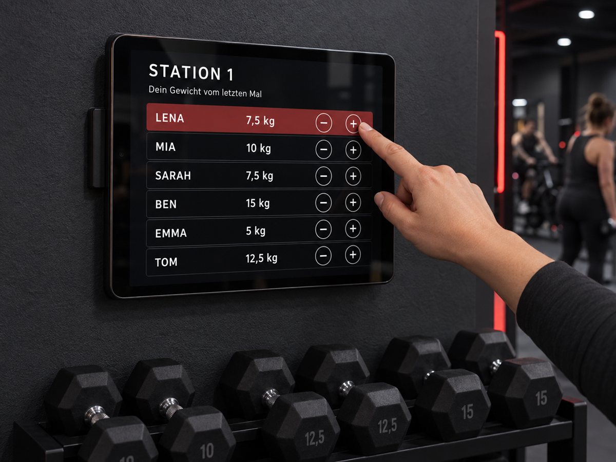 Tablet an der Hantelstation zeigt Namen und Trainingsgewichte der Gruppe beim Strength-Kurs von PEAK45
